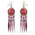 Wholesale Beaded Style Beach Gilded Hoop Feather Earrings